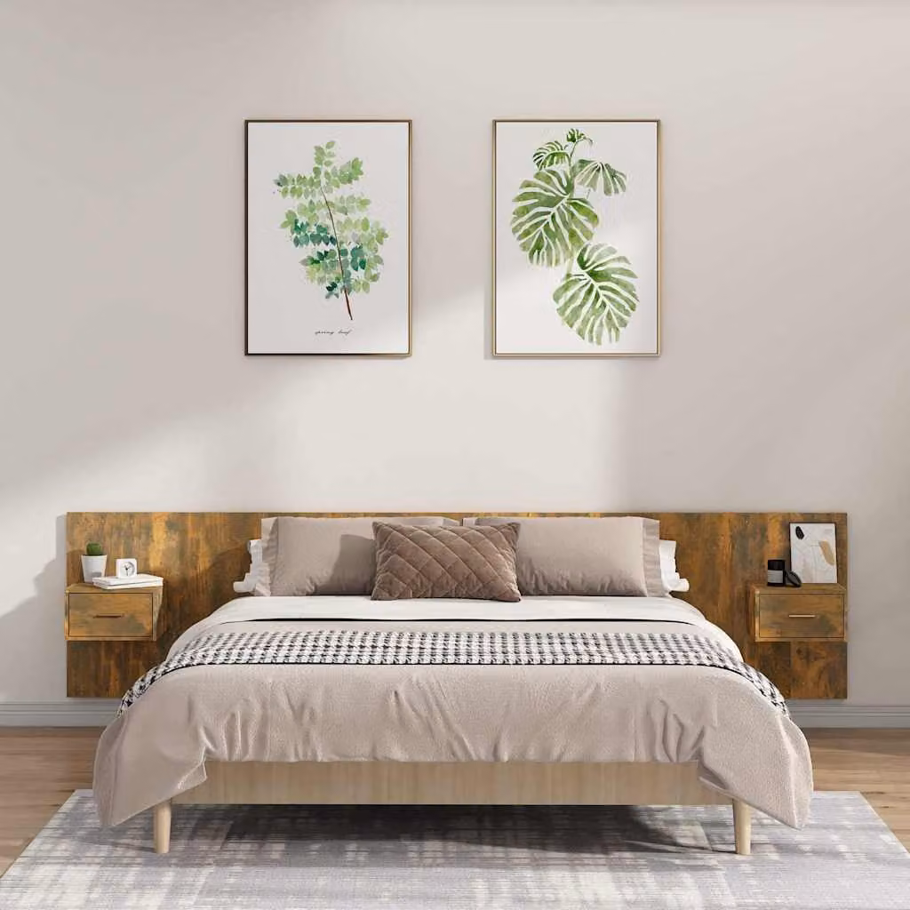 vidaXL Testiera Letto con Comodini Integrati in Legno Multistrato Rovere Fumo L: 240 cm, P: 80 cm, H: 80 cm – 1