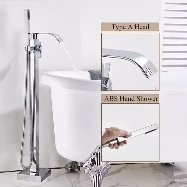 Miscelatore per vasca da bagno freestanding, con erogatore a cascata, doccetta manuale, finitura cromata
