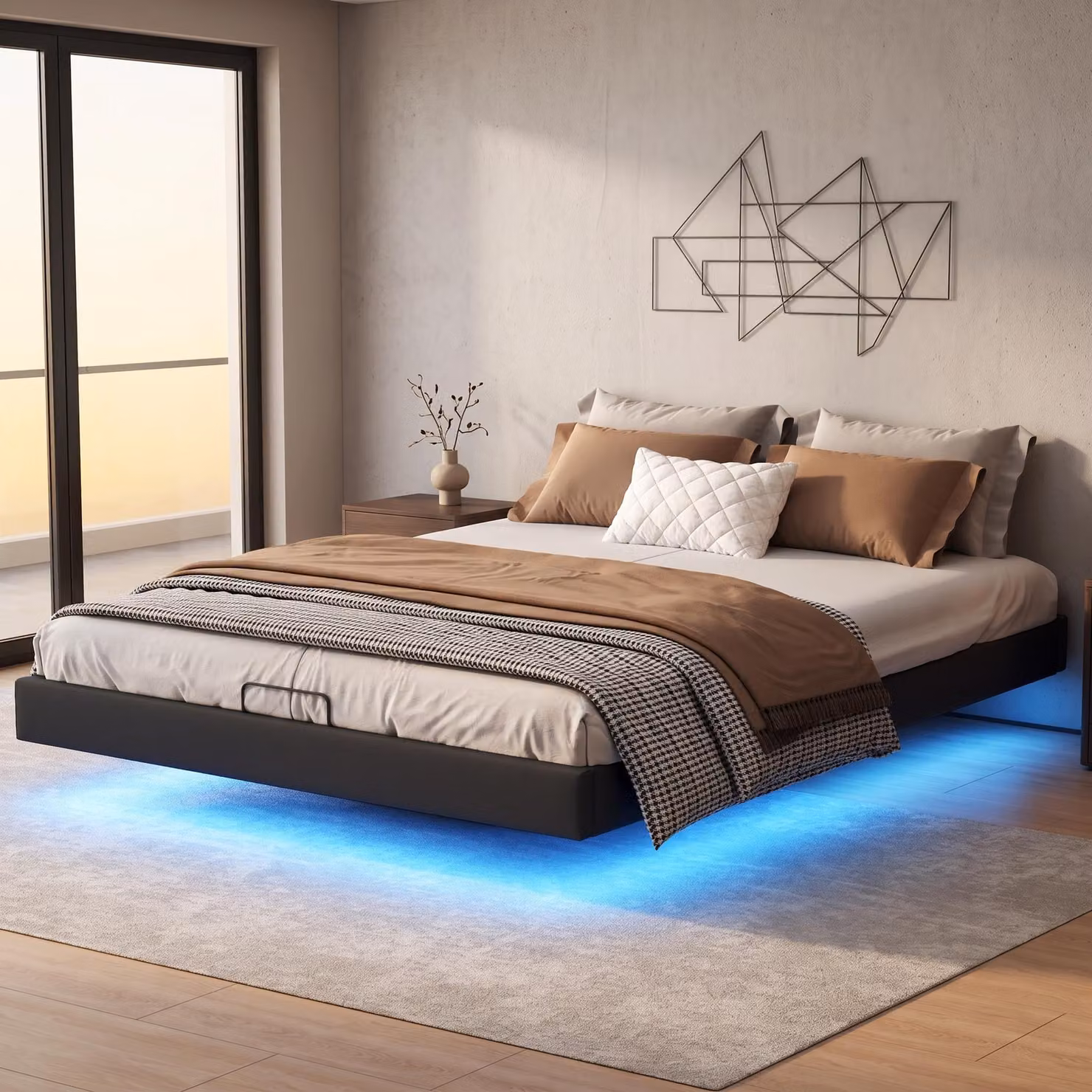 Letto con boxspring 160x200 cm senza testiera, con contenitore, struttura a sospensione idraulica con illuminazione a LED, letto per ragazzi con rete a doghe, colore nero
