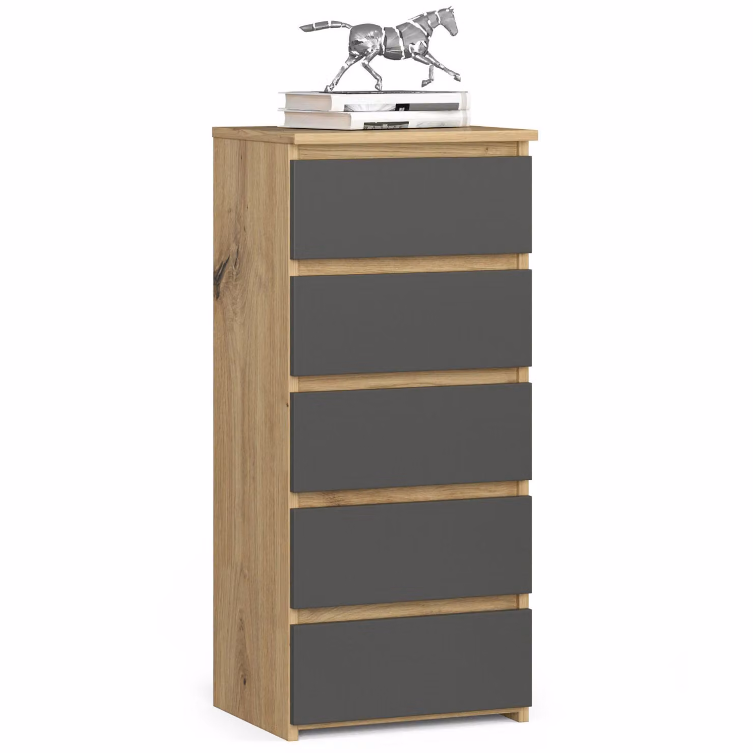 Comò 40 cm in rovere artisanale con frontali grigio e 5 cassetti