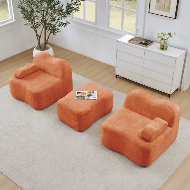 Divano modulare angolare senza struttura con pouf; in velluto; arancione