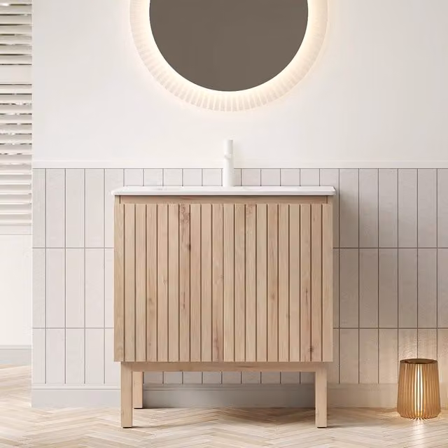 NIKO Lavabo da bagno 80 cm in pietra sinterizzata Carrara bianca, mobile con ante doppie e ripiano regolabile, finitura rovere bianco