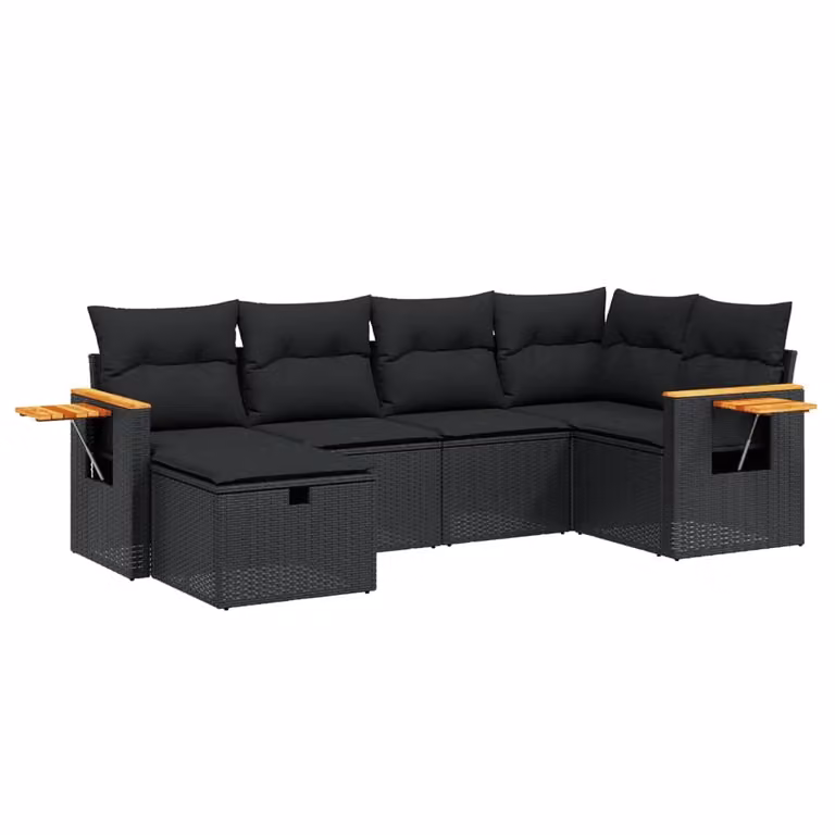 Set Divano da Giardino 6 pz con Cuscini Nero in Polyrattan