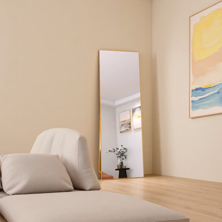 Specchio rettangolare per il trucco in vetro temperato, cornice in alluminio nero, 162 x 53 cm, elegante design moderno per la camera da letto o il bagno