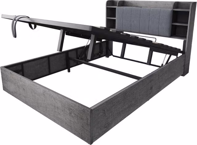 Letto contenitore matrimoniale Chicfurn grigio con testiera con ripiani e porta USB Type-C, L/P: 180 x 200 cm, H: 184 cm