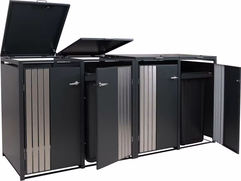 Copri-bidoni da 4 HWC-O67, box per bidoni della spazzatura con coperchio, metallo 122x264x84 cm 104 kg ~ antracite acciaio inossidabile
