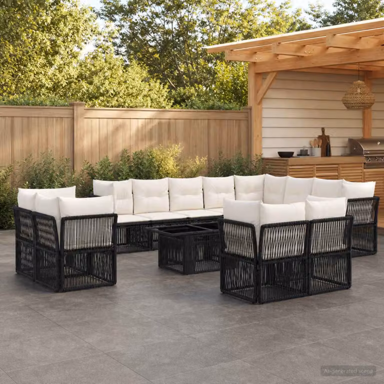 Set Divano da Giardino vidaXL 13 pz in Polyrattan e Metallo, Colore Nero