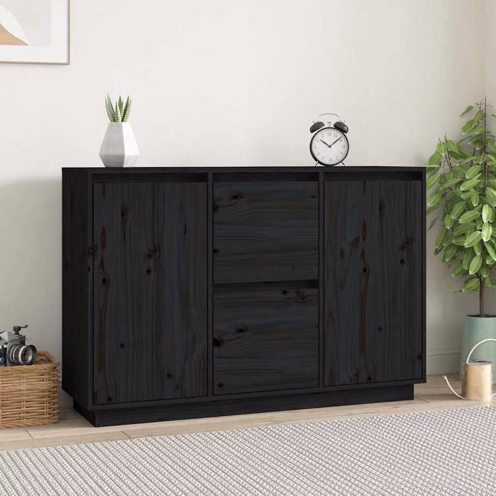 Credenza nera in legno massello di pino stile rustico vidaXL L: 111 cm, P: 34 cm, H: 75 cm – 1