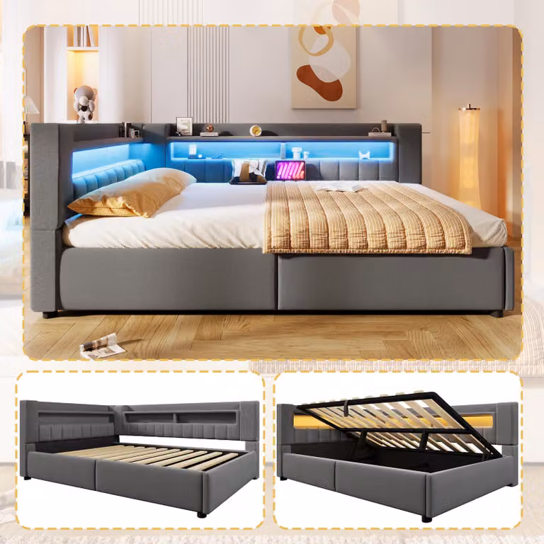 Letto a giorno 140x200 cm con spazio contenitore idraulico, illuminazione a LED, porta USB e porta di ricarica Type-C, rivestito in lino, senza materasso