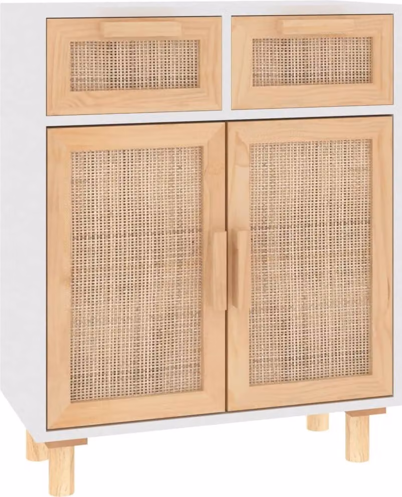 Credenza Bianca 60x30x75 cm Legno Massello Pino Rattan Naturale