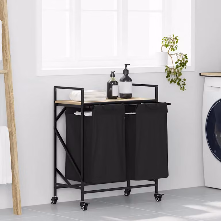vidaXL Cesto Portabiancheria a 2 Scomparti con Ruote, Disponibile in Nero o Marrone, L/P/H: 82 x 67 x 33 cm