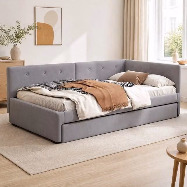 Letto singolo imbottito 90x200 cm con letto estraibile, struttura in velluto grigio senza materasso