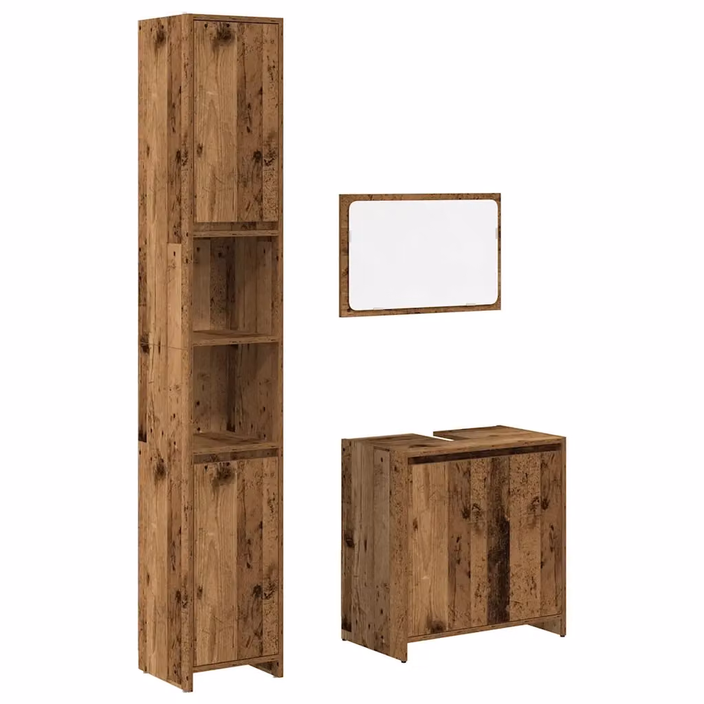 Set Mobili da Bagno 3 Pezzi vidaXL in Legno Antico Marrone con Mobile Lavabo, Armadio Alto e Armadietto con Specchio – 2