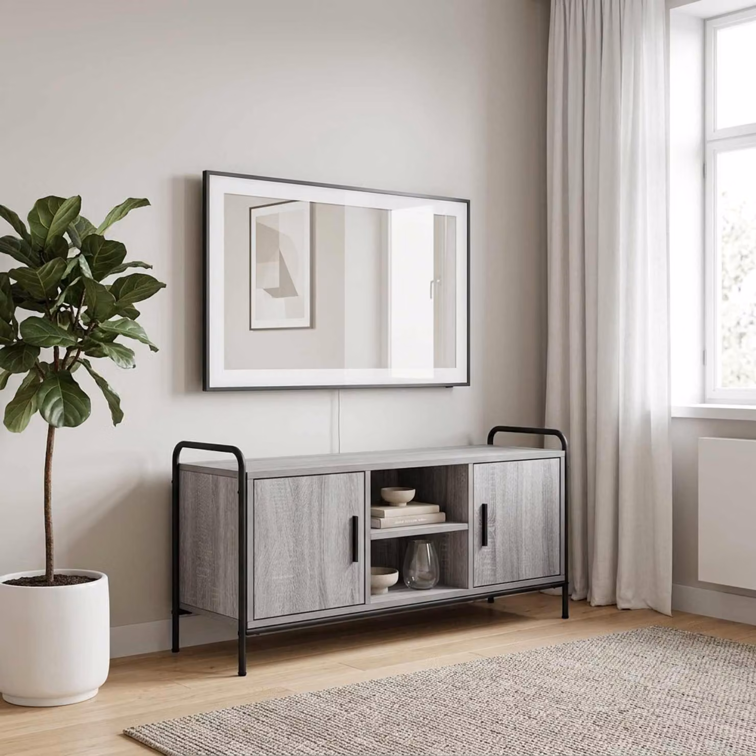 Mobile TV vidaXL moderno in legno ingegnerizzato e metallo, grigio, L: 99 cm, P: 33 cm, H: 50 cm