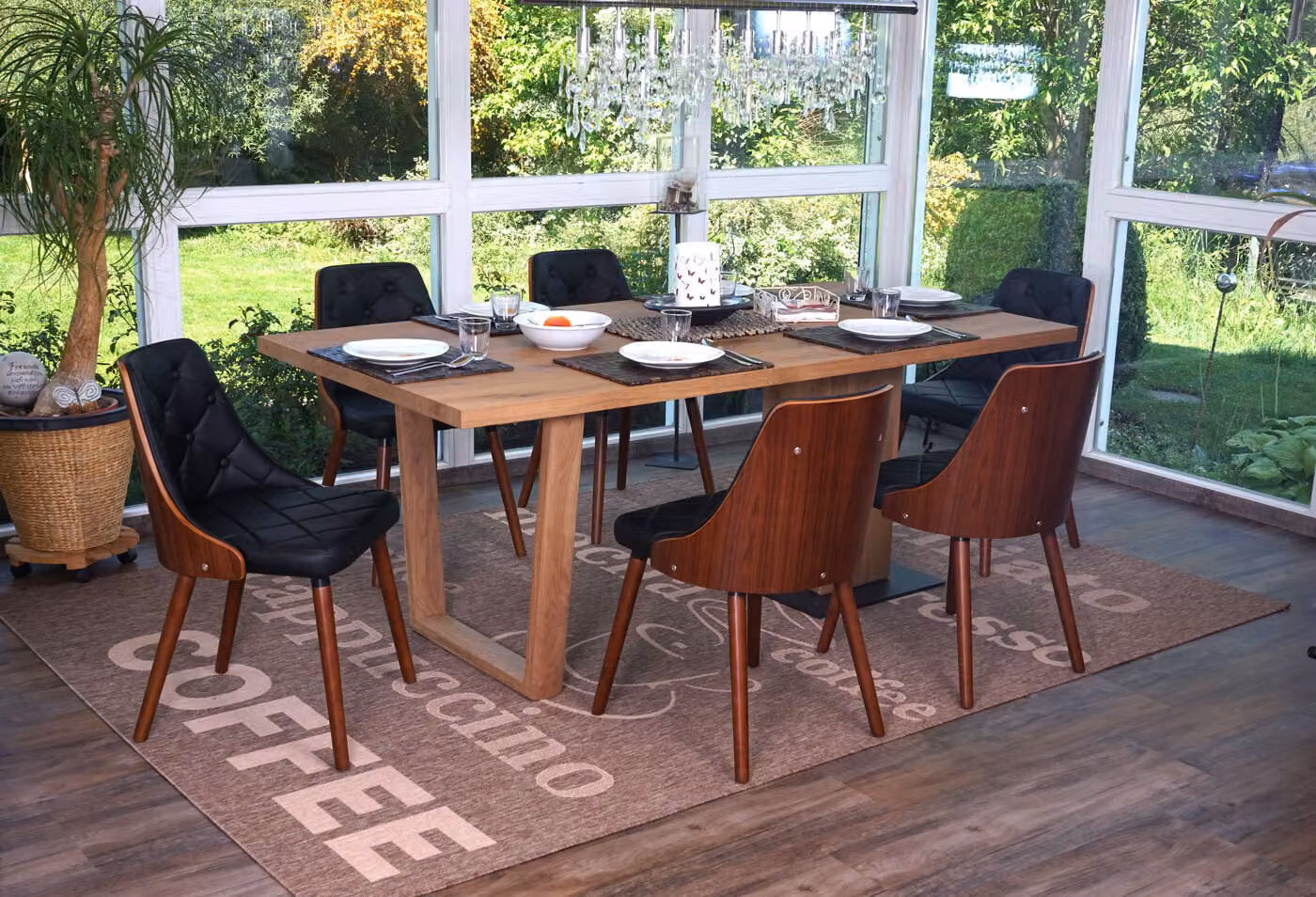 Set da 6 sedie da sala da pranzo MCW-A75, sedie per ospiti e da cucina, in legno curvato effetto noce ~ Pelle finta nera