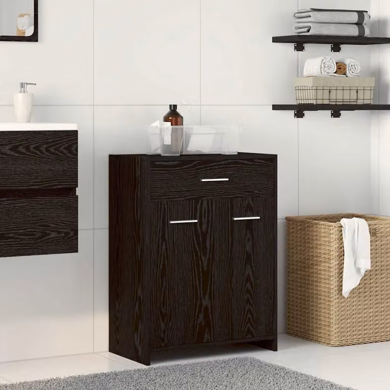 Mobile da bagno moderno vidaXL in rovere e nero con ante a battente e cassetti L 60 x P 33 x H 80 cm
