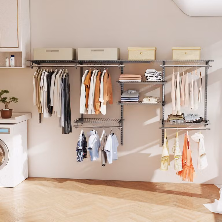 Costway Sistema di organizzazione e stoccaggio armadio con asta pendente e scaffali, Grigio