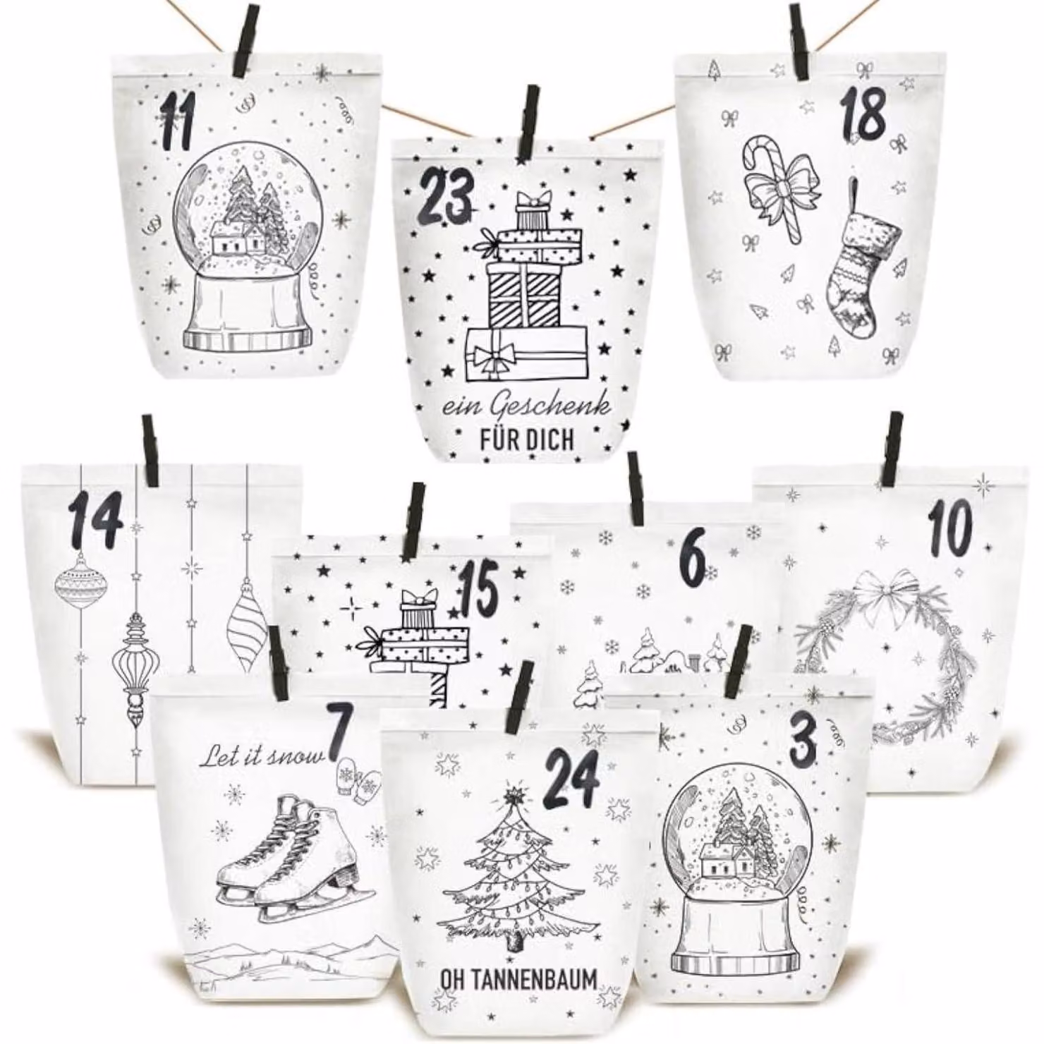 Calendario dell'Avvento da riempire, 24 sacchetti di carta, sacchetti regalo fai-da-te, carta kraft, adatti a bambini e adulti, colore bianco/nero
