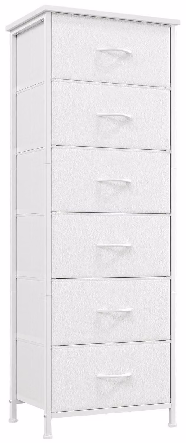 Comodino in tessuto con 6 cassetti, colore bianco, dimensioni 30x42x115 cm