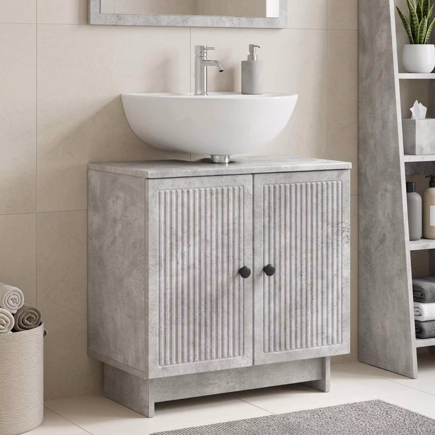 Armadio per lavabo da bagno moderno vidaXL con ante a battente in MDF e metallo, Grigio e Nero