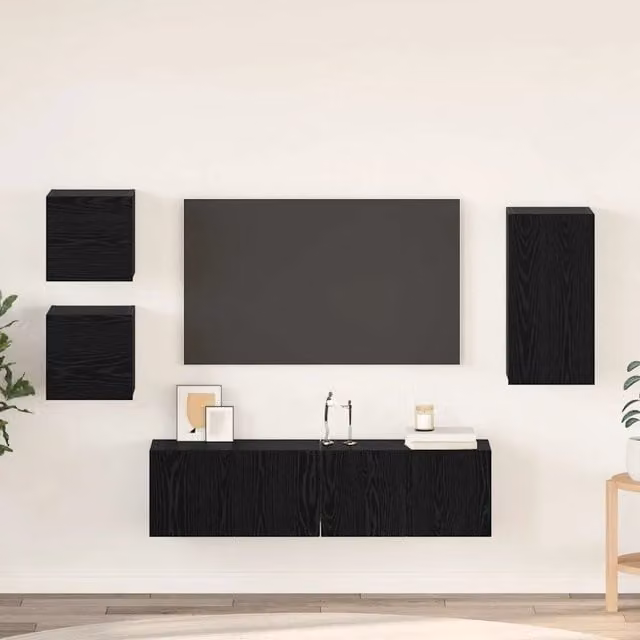Set mobile TV 5 pezzi Rovere e Nero in legno multistrato per soggiorno