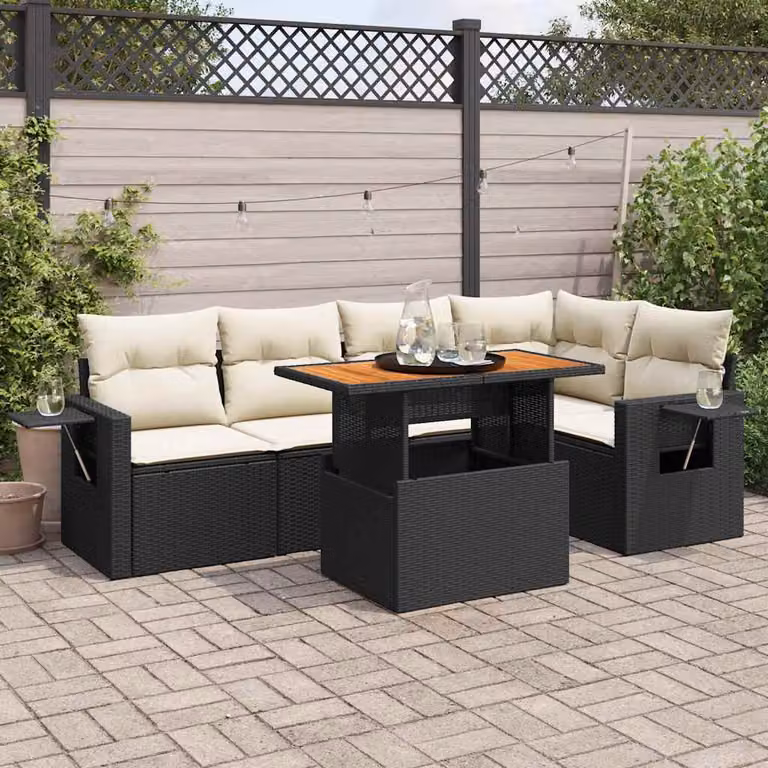 Set Divano da Giardino vidaXL 6 pz in Polyrattan con Cuscini e Tavolino da Esterno, Design Moderno a L, Nero e Bianco