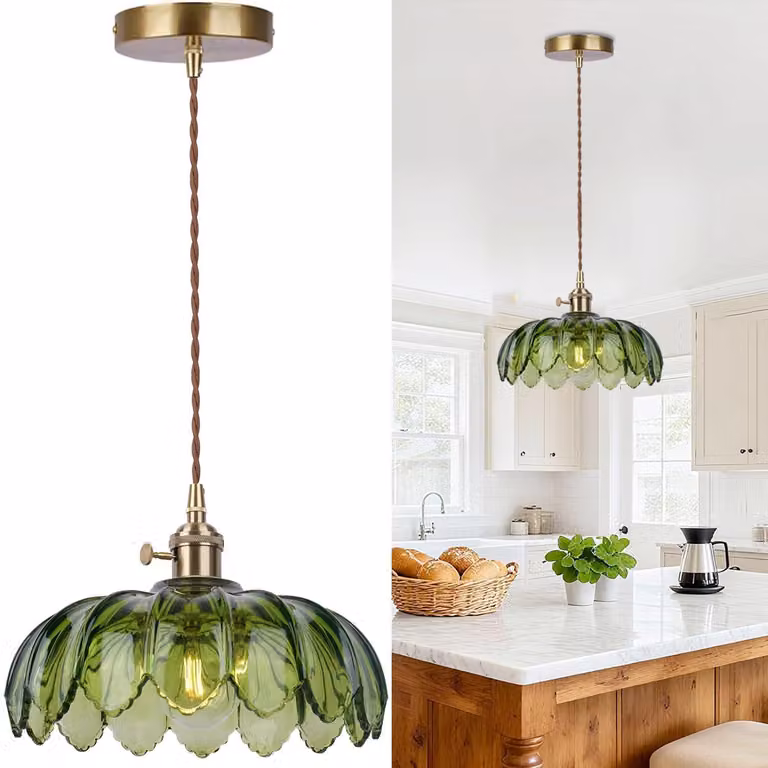 Lampada a sospensione vintage in vetro verde, attacco E27, design a forma di fiore, ideale per la sala da pranzo, diametro 26 cm
