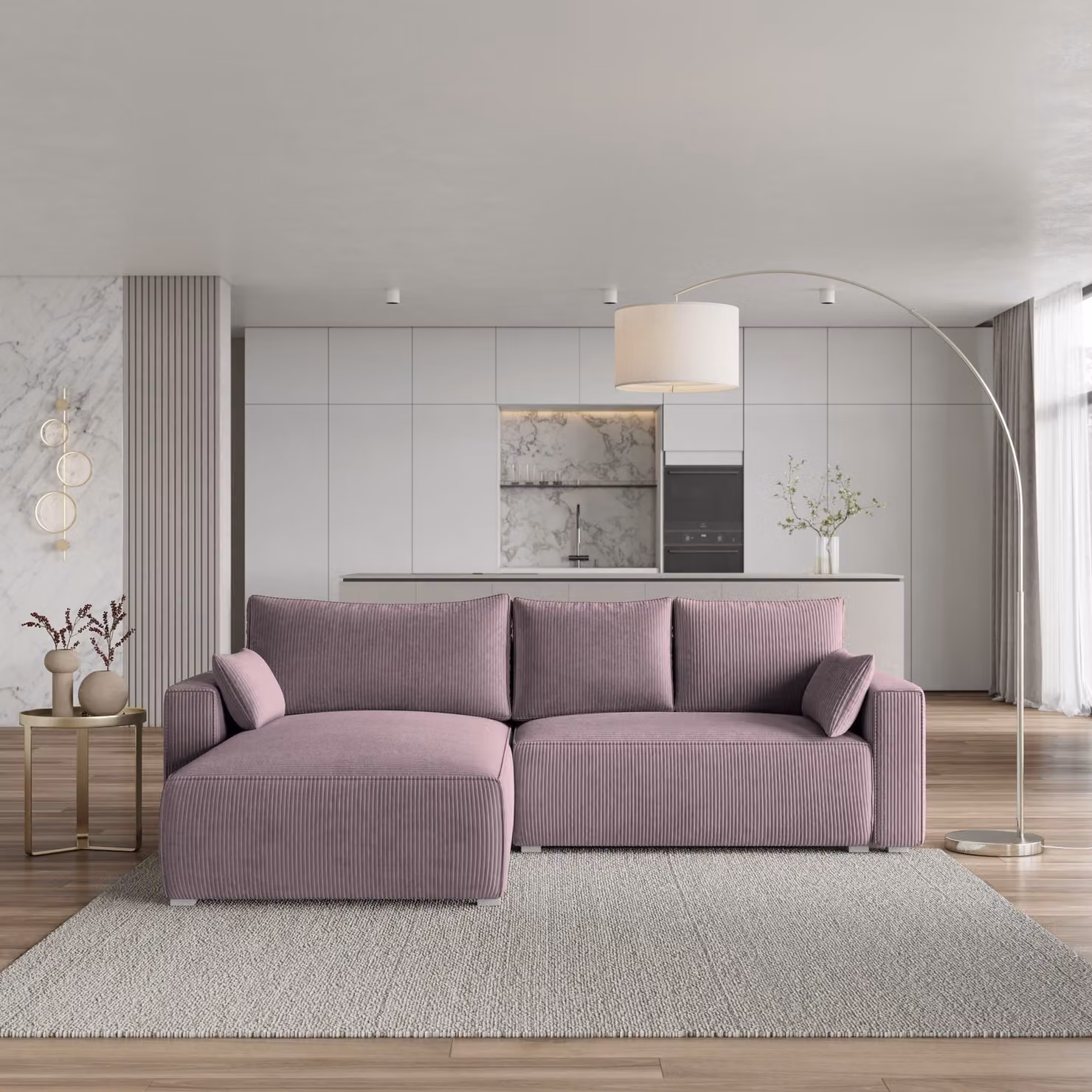 Divano angolare Masseno FORIL P con funzione letto a L, divano con box letto, divano da salotto, divano, divano, divano letto, set di divani - viola, POSO 130