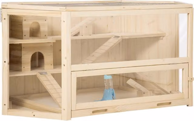 Casetta per Criceti in Legno a 3 Livelli con Tetto Apribile e Parete Trasparente, 115x60x55cm