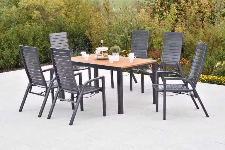Set di mobili da giardino Merxx Siros, 7 pezzi: 6 poltrone regolabili tramite molla a gas, tavolo 150 x 90 cm - acacia/alluminio