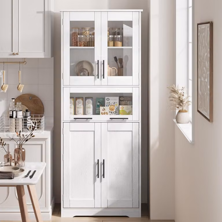 Armadio alto per cucina, 170 cm, legno bianco, finitura "bianco quercia", 4 scomparti, 2 ante in legno, 2 ante in vetro, cassetto estraibile