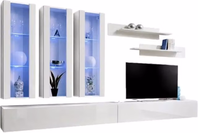 Composizione murale FLY E3 Meublorama - Mobili TV sospesi, vetrine con LED e mensole - Bianco lucido - Design moderno
