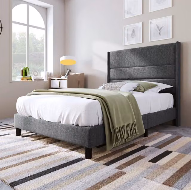 Letto imbottito 90x200 cm con materasso; rete a doghe e testiera in lino grigio