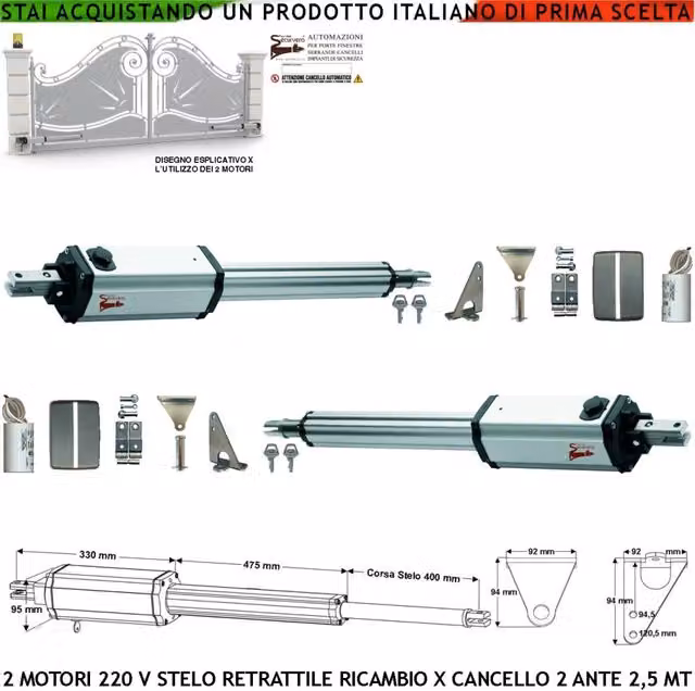Pistoni Elettromeccanici 230 V Stelo Retrattile Corsa 400 mm 220 V Per Cancello Battente 5 Metri 2 Ante 2,5 Metri Spinta 250 Kg Sblocco a Chiave Ricambio Automatismo Completi di Staffe Bulloni
