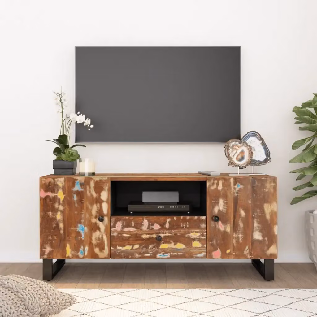 Mobile TV in legno massello recuperato e multistrato marrone con ripiani porta media L 105 cm, P 33,5 cm, H 46 cm – 2