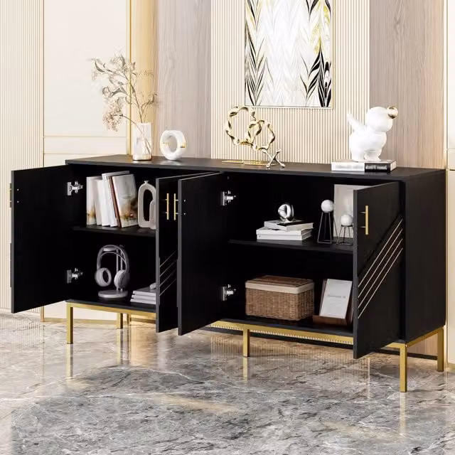 Credenza e madia con 4 ante e 2 ripiani regolabili, gambe dorate, per soggiorno, in MDF nero, 160 × 40 × 80,5 cm