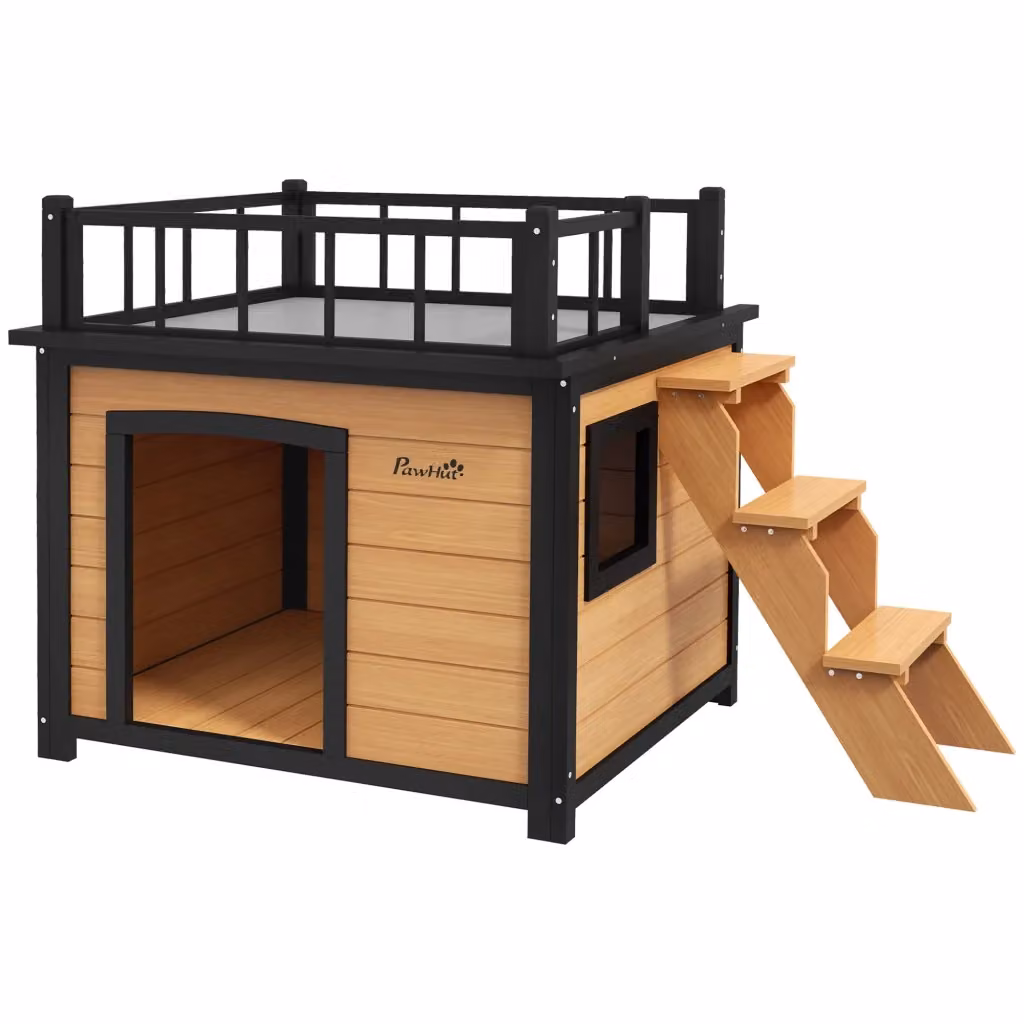 Casetta per cani OKWISH in legno di abete massello giallo con balcone, scala e pavimento rialzato, L: 121 cm, P: 77 cm, H: 78 cm – 2