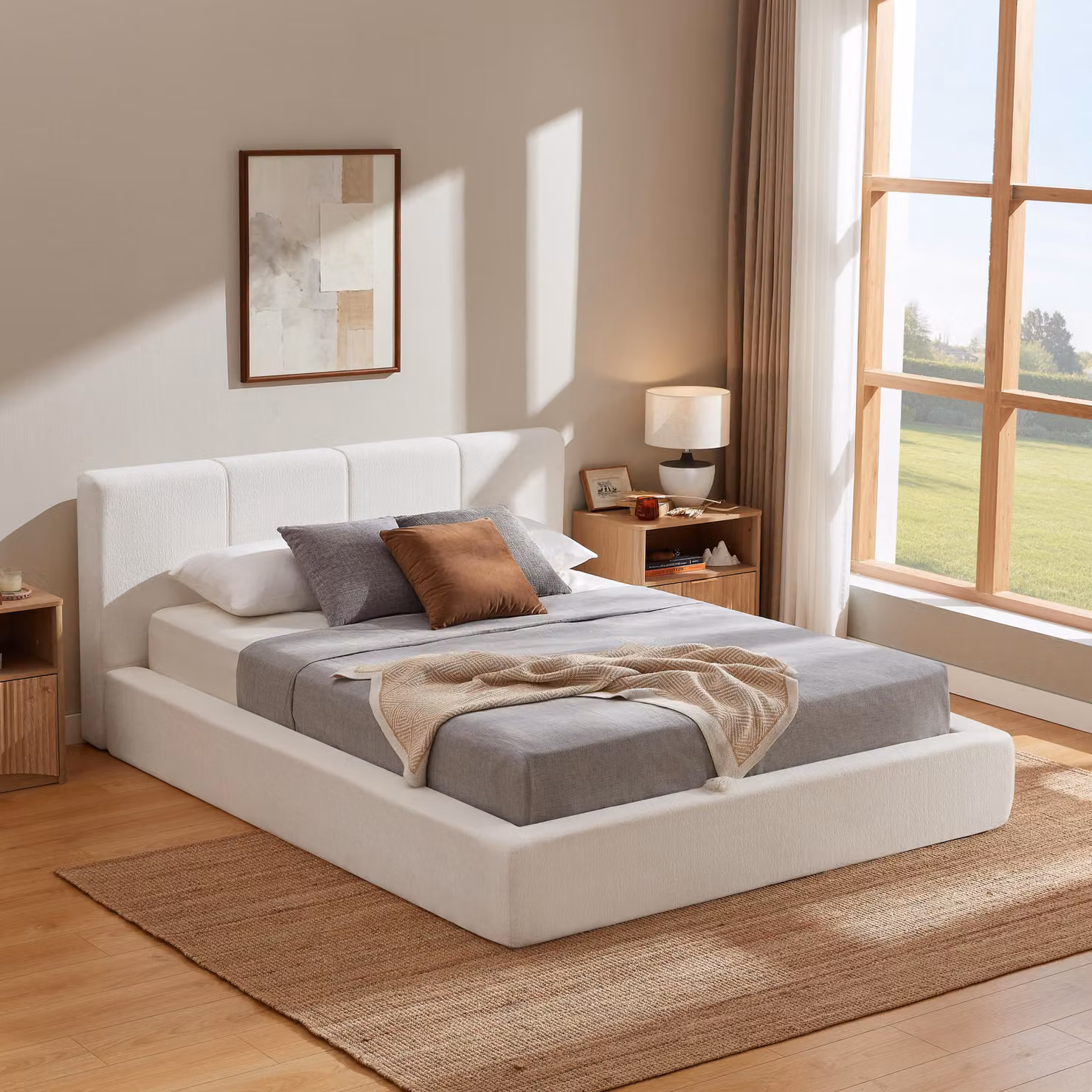 Letto imbottito LVHOM 160x200 cm, con rivestimento in tessuto tipo chenille, struttura in metallo a listelli e testiera, letto matrimoniale moderno, compresso, color crema