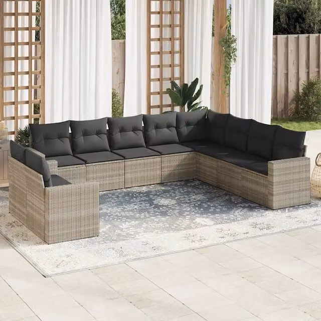 Set Divano Giardino 10 pz con Cuscini Grigio Chiaro Polyrattan 3219162