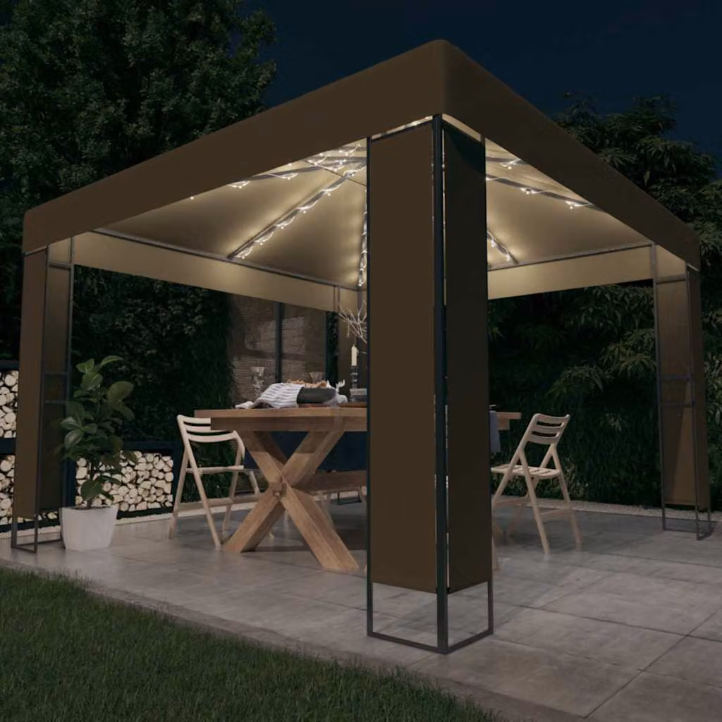vidaXL Gazebo con Tetto Doppio e Luci LED Grigio L: 300 cm, P: 300 cm, H: 273 cm