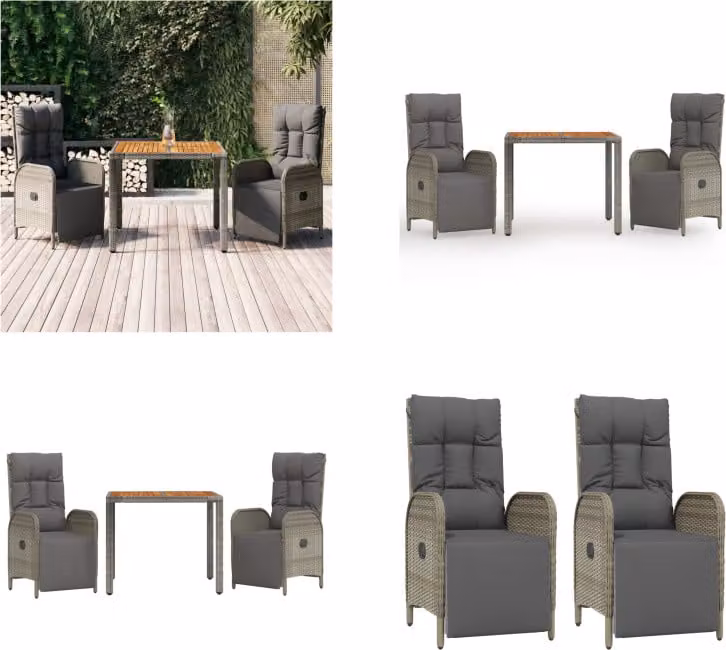 vidaXL Set da pranzo da giardino 3 pezzi con cuscini in poly rattan grigio - Set da pranzo da giardino - Set da pranzo da giardino - Set da pranzo da terrazza