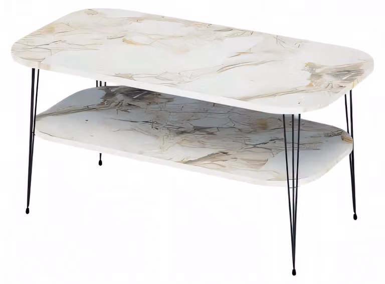 Moderner mehrfarbiger Couchtisch aus Holz mit Edelstahl-Details
