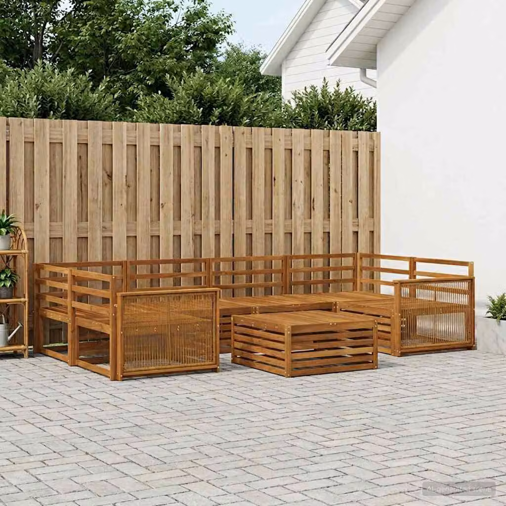 vidaXL Set di divani da esterno a forma di U composto da 7 pezzi in legno di acacia massello marrone con cuscini inclusi e tavolino da caffè