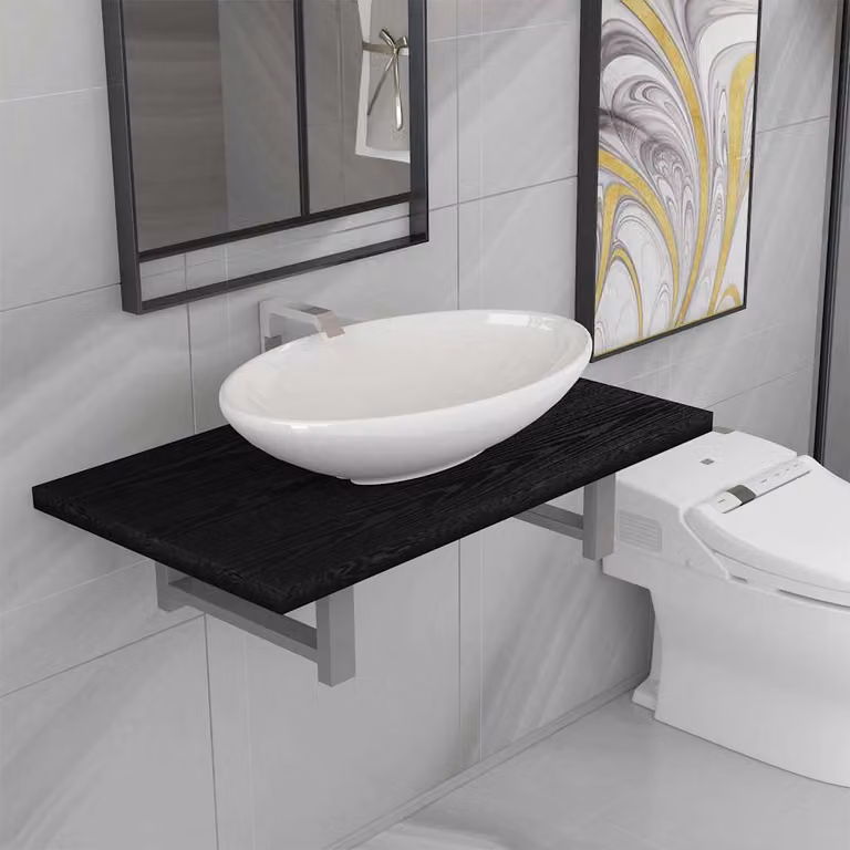 Set Mobili da Bagno Moderno vidaXL in Ceramica e Legno, 2 Pezzi, Nero e Bianco, Appesi a Parete