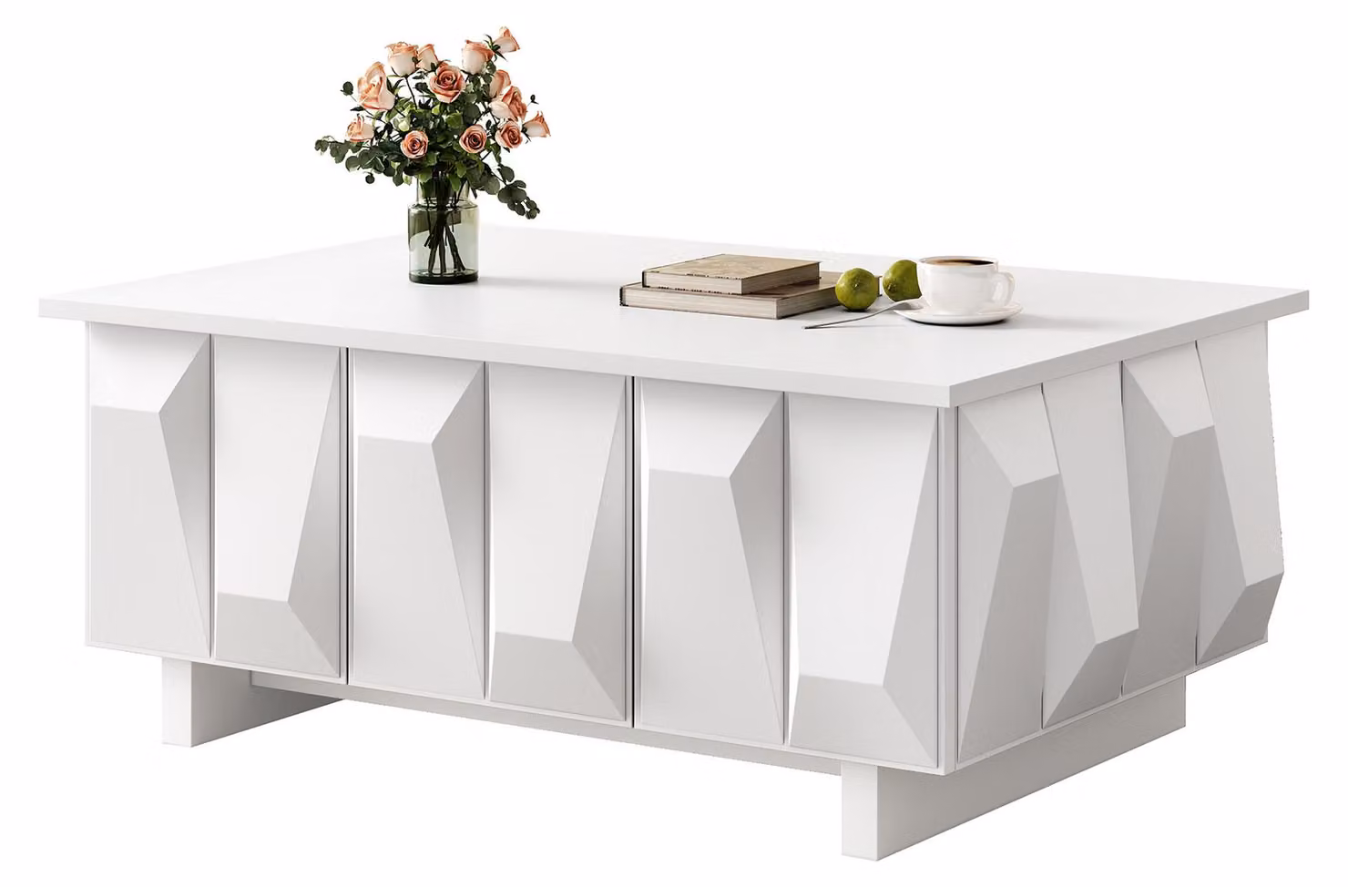 Tavolino Moonbite con spazio contenitivo, 95 cm, bianco. Tavolino da soggiorno con ante a struttura 3D, ampio vano portaoggetti per bevande e decorazioni. Materiale: pannello di particelle di legno, colore bianco