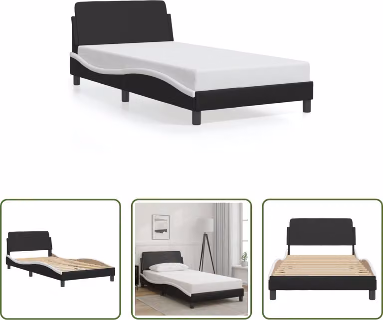 The Living Store Struttura letto con testiera bianca e nera 100x200 cm in ecopelle