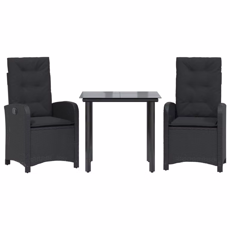 Set da Pranzo da Giardino 3 pz con Cuscini Nero in Polyrattan