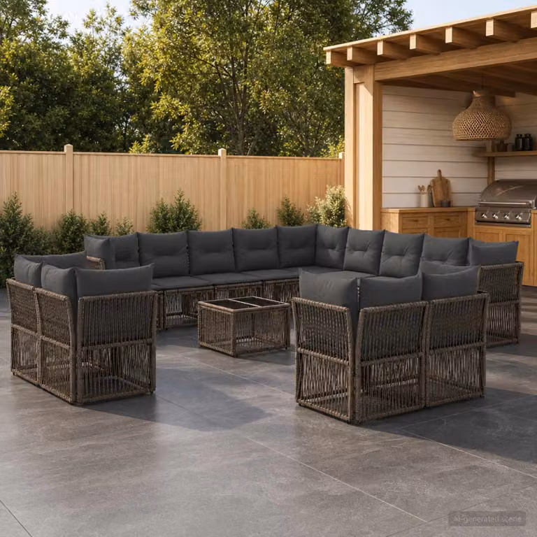 Set Divano da Giardino vidaXL 14 Pezzi a Forma di U Grigio con Tavolino e Cuscini in Polyrattan e Acciaio