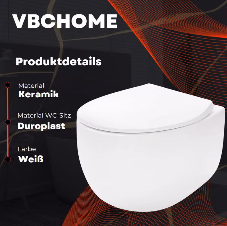 VBChome WC sospeso senza brida in Vetroceramica con coperchio WC Sedile WC in duroplast Sistema di chiusura ammortizzata Rimless Funzione SoftClose WC a scarico profondo