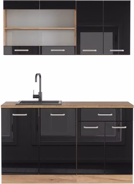 Cucina monoblocco R-Line Nero lucido/Rovere dorato 140 cm senza piano di lavoro Vicco